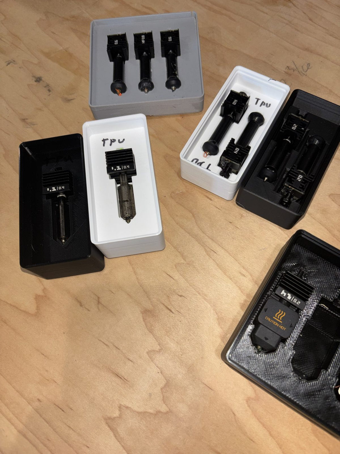 Labeled spare hotends with 0.2 to 0.8 mm nozzles
